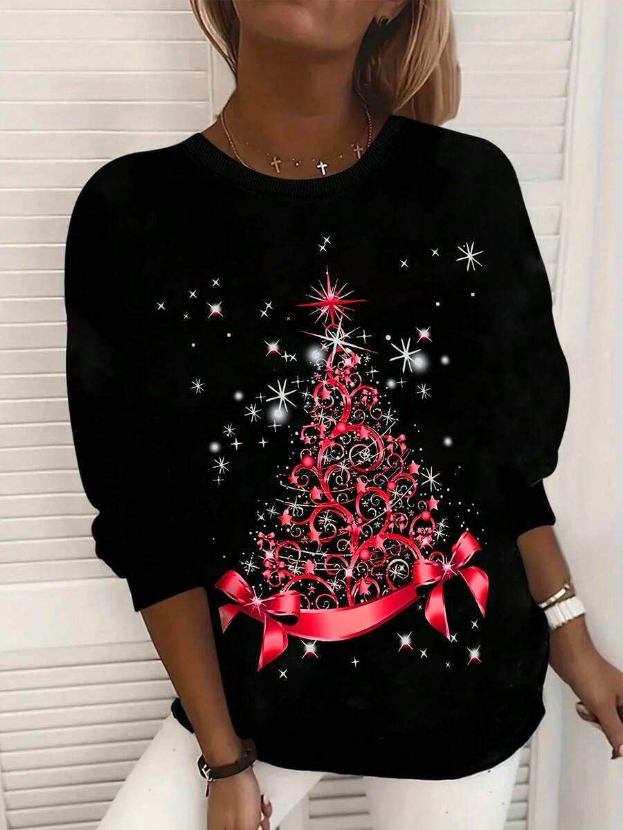 DrmWander Women's Christmas Tree & Bow Print Crew Neck Long Sleeve ...