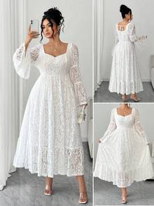 Elenzga Vestido de mujer talla grande con cuello cuadrado de encaje y mangas acampanadas, elegante para citas - Blanco - Ver 1