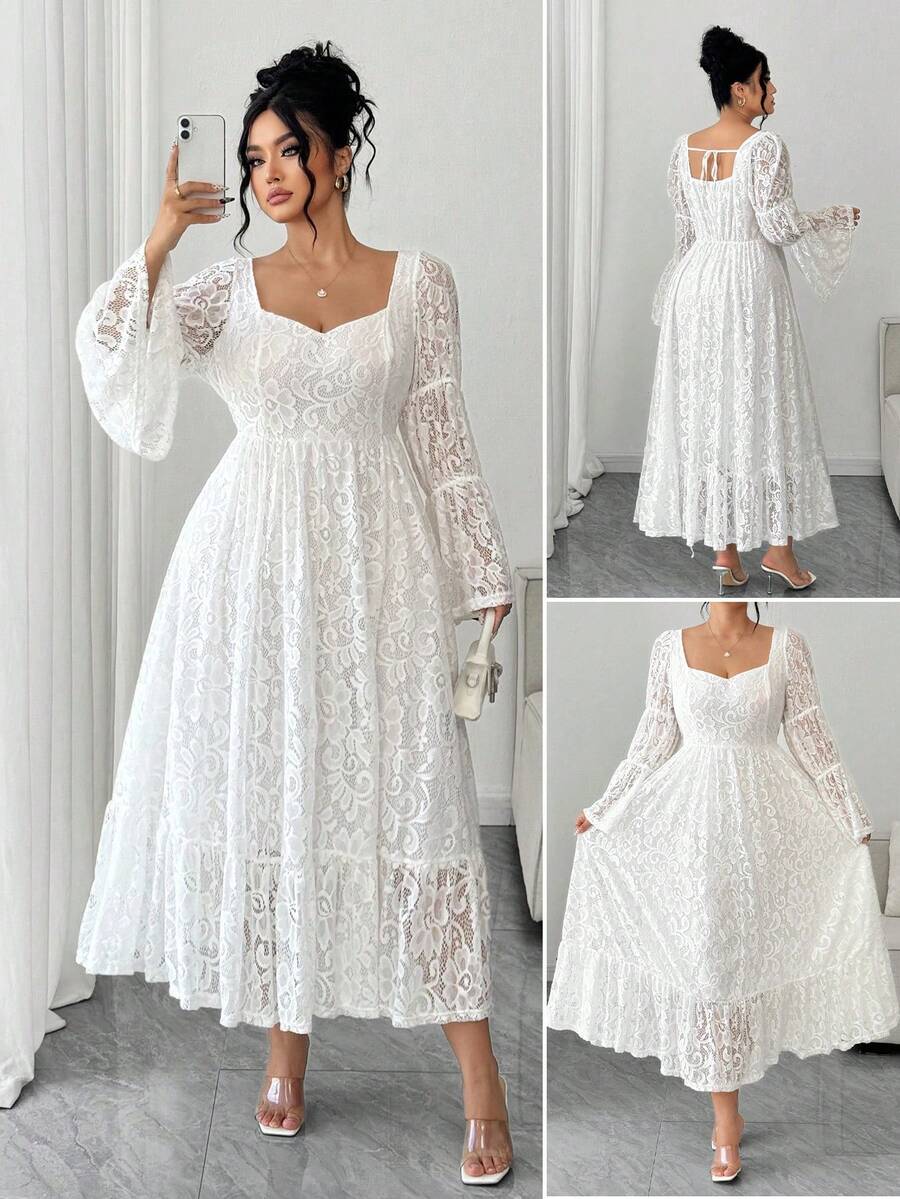 Elenzga Vestido de mujer talla grande con cuello cuadrado de encaje y mangas acampanadas, elegante para citas - Blanco - Ver 1