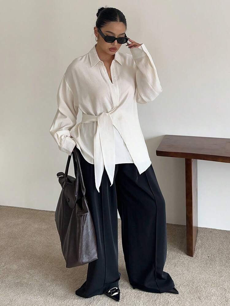 Plus Size Women White Long Sleeve Shirt With Turndown Collar, Half-Open Front, Drawstring Hem, Spring/Autumn