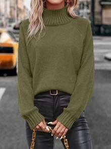 SHEIN LUNE Solid Color Turtleneck Casual Versatile Long Sleeve Pullover Sweater - Army Green - View 6