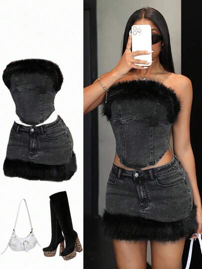 Jeanoix Y2K 性感弹力毛绒边破洞修身牛仔抹胸