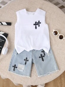 男童休闲舒适百搭无袖上衣和牛仔短裤套装