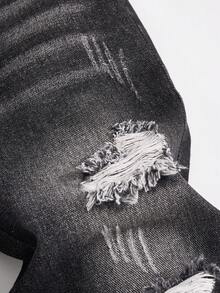 男童复古做旧黑色牛仔裤，街头休闲宽松版型，破洞设计，毛边裤脚，松紧腰带，五口袋设计，柔软棉质牛仔布，适合日常、派对、上学、通勤等场合，秋冬新品 - 黑色 - 查看 7