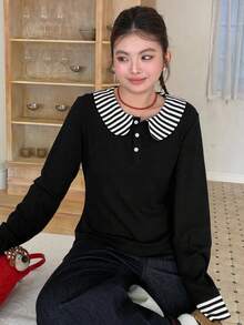 Dazy Plus 撞色拼接彼得潘领半开衩修身短款休闲加大码女式长袖黑色T恤 - 黑色 - 查看 1