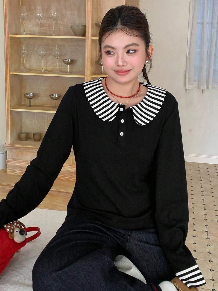 Dazy Plus Contrast Color Block Peter Pan Collar Half-Open Hem Fitted Cropped Casual Plus Size Women Long Sleeve Black T-Shirt