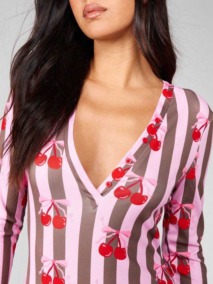 MISSGUIDED Long Sleeve Cherry Print Striped V Neck Romper Jumpsuit With Full Length Legs For Spring Summer