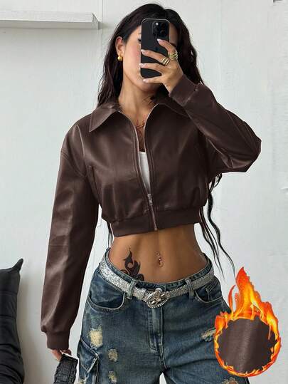 Coolane Winter Clothes For Wome Streetwear Going Out Date Night Office Wear Vintage Brown Leather Short Jacket Coat New Year Clothes