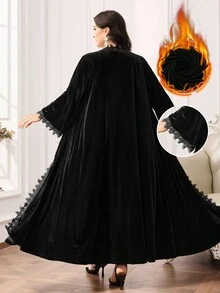 Al Najma 大码女式休闲宽松长袍，长袖阿拉伯风格长袍 - 黑色 - 查看 1