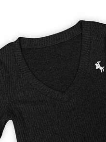 SHEIN 女士V领修身长袖针织T恤，休闲百搭 - 黑色 - 查看 4