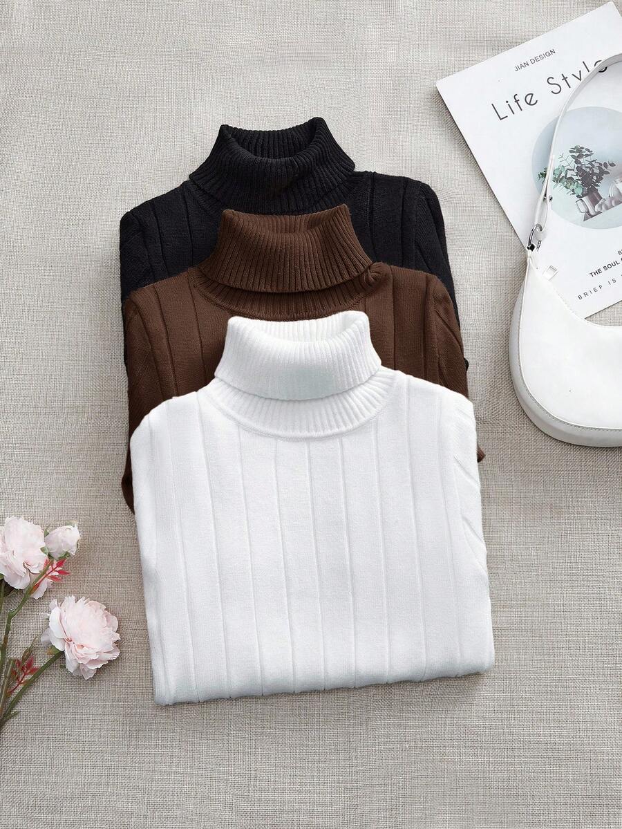 SHEIN LUNE 3件套女士百搭经典多功能套头休闲毛衣，秋冬季 - 棕色 - 查看 1
