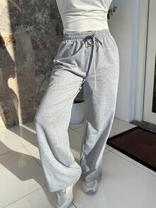 Milla Jasmine بنطلون رياضي واسع بخصر عالي برباط، مطرز بالراينستون، قطعة شائعة للمرأة - رمادي - مشاهدة 6