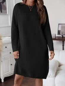 SHEIN LUNE 秋冬季纯色落肩毛衣连衣裙 - 黑色 - 查看 4