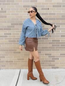 Melissa Matos Women's Brown Leather Mini Skirt With Side Slits And Ruched Detailing - Coffee Brown - View 1