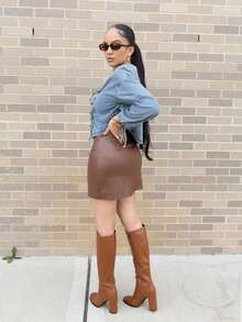 Melissa Matos Women's Brown Leather Mini Skirt With Side Slits And Ruched Detailing - Coffee Brown - View 5