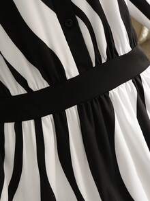 Franclia 优雅收腰长袖X型半开襟衬衫裙，不对称黑白波浪条纹，女士长裙，秋冬款 - 彩色 - 查看 8