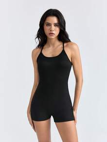 Loungeista 黑色休闲露背连体裤，简约时尚日常连体裤