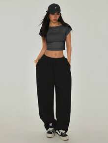 SHEIN PETITE 小号黑色露背T恤，适合夏季穿着 - 深灰色 - 查看 3