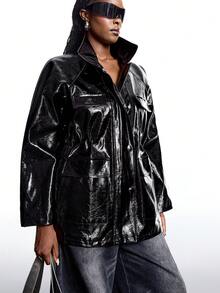 LYSMO Plus Size Glossy PU Punk Avant-Garde Casual Cinched Waist Pocket Jacket, Autumn/Winter - Black - View 6