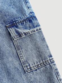 SHEIN 小女孩可爱双色卡通兔子图案蓝色牛仔宽松背带裤 - 淺色水洗藍 - 查看 4