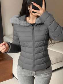 DAZY 女士优雅毛领拼接绗缝外套，秋冬款 - 深灰色 - 查看 5