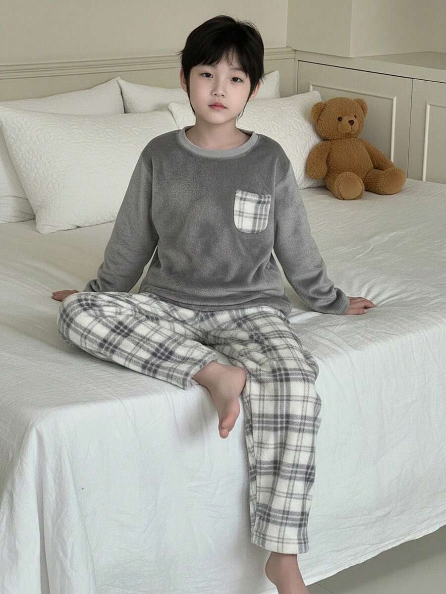 2 件男童柔软法兰绒格子西装，休闲宽松长袖上衣和裤子，舒适家居服，秋冬