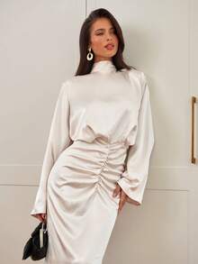 Aloruh Women's Glamorous Elegant High Collar, Padded Shoulder, Wide Shoulder, Waist Cinched, Ruched, Solid Color, Long Satin Dress,Women Dating Dress,Women Night Out Dress,Wedding Guest Dress Women ,Sun Dresses For Women ,Elegant Dresses For Party Birthday Dresses For Women,Id AI-Adha , AI-Adha Party - Apricot - View 2