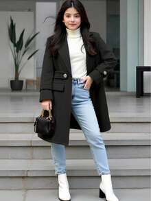 Sparklyn 一件少女款独特腰部设计中长长袖外套，优雅时尚，适合秋冬季户外穿着。