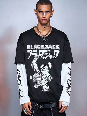 Black Jack X ROMWE T-shirt à manches longues 2 en 1 pour hommes, style décontracté avec lettres et graphiques de dessins animés en couleurs contrastées, automne