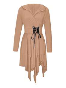 EMERY ROSE Knitted Casual Cinched Waist Long Sleeve Asymmetrical Hem Hooded Solid Color Dress - Khaki - View 4