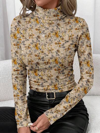 SHEIN Clasi 休闲简约女式秋冬印花高领打底T恤，适合外出、通勤，时尚百搭