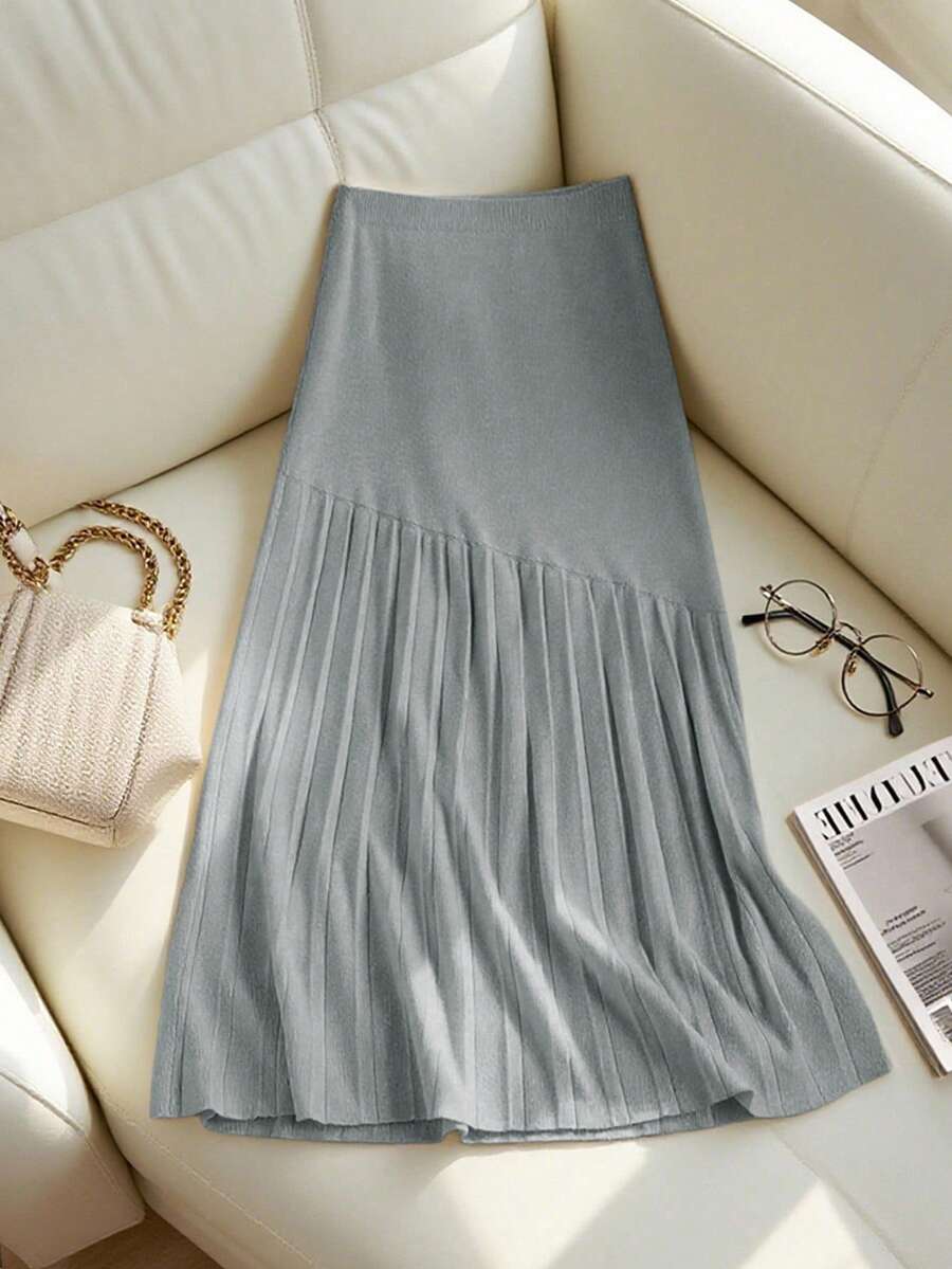 Franclia 新款褶裥拼接针织高腰显瘦A字中长半身裙，休闲女式毛衣裙