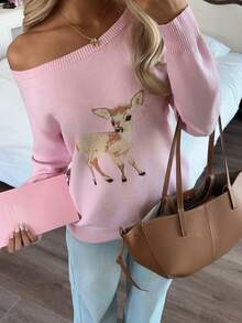 CovetEZ Pink Deer Pattern Asymmetric-Shoulder Long Sleeve Casual Knit Pullover Sweater,Christmas Sweater Women - Pink - View 5