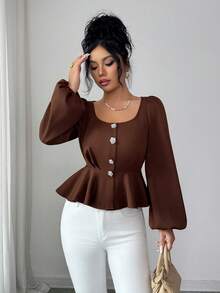 SHEIN Elenzya Women's Dark Brown Autumn Elegant Office Long Sleeve Blouse,Square Collar,Front Button Closure,Floral Decor,Pleated Waist,Cropped Hem,French Vintage - Coffee Brown - View 5