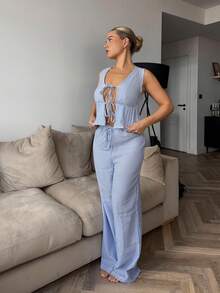 Bethéva 2pcs Set: Striped Lace-Up Straight-Leg Casual Pants, Street Style For Women, Summer - Baby Blue - View 6