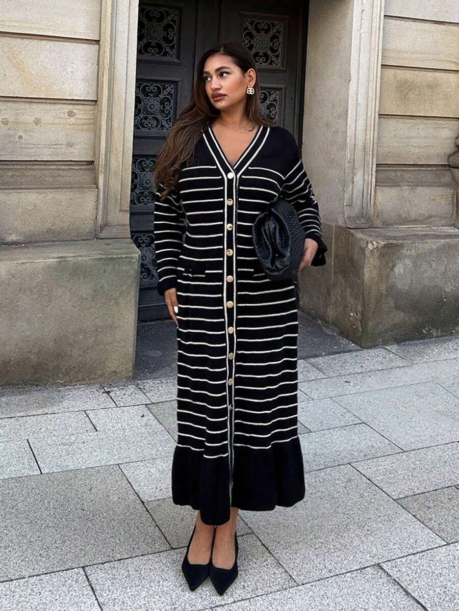 Calvaya Plus Size V-Neck Colorblock Long Sleeve Ruffle Hem Midi Sweater Dress, Comfortable & Elegant - Black - View 1