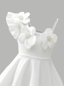 Sweetra Young Girls White Beaded Floral Decor Waist Flared A-Line Dress, Fashion Suitable For Birthday Party, Summer - White - View 5