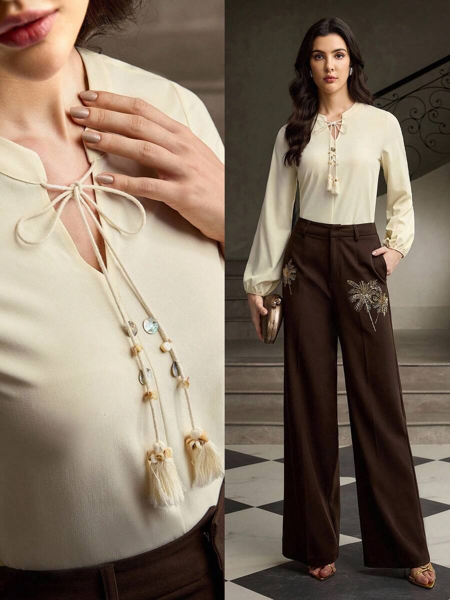 ZEYLAH 女士优雅长袖打结衬衫，修身时尚 - 杏色 - 查看 1