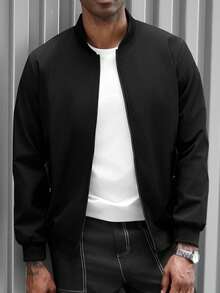 Manfinity Homme Men's Casual Popular New Jacket Outerwear, INS Combination Comfortable Ribbed Pocket Zipper Jacket Outerwear, Black Jacket Suitable For Hiking, Daily Matching, Gift For Boyfriend/Husband, Casual Wear, Y2K