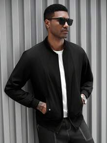 Manfinity Homme Men's Casual Popular New Jacket Outerwear, INS Combination Comfortable Ribbed Pocket Zipper Jacket Outerwear, Black Jacket Suitable For Hiking, Daily Matching, Gift For Boyfriend/Husband, Casual Wear, Y2K