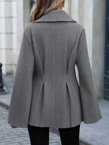 SHEIN LUNE 女士优雅通勤休闲法式翻领V领双排扣开腰A字褶裥喇叭袖宽松袖口长袖羊毛大衣，适合春、秋、冬季穿着。 - 灰色 - 查看 2