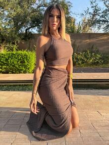 Manon Tanti Women's Plain Short Halter Neck Tank Top And Waist Twisted Knot Skirt Two Pieces Set - Brown - View 6