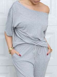 Melissa Matos Conjunto de dos piezas de camiseta sin hombros y pantalones anchos de chándal minimalista, para uso diario, salir y hacer deporte, cómodo estilo urbano de verano para mujeres - Gris - Ver 5