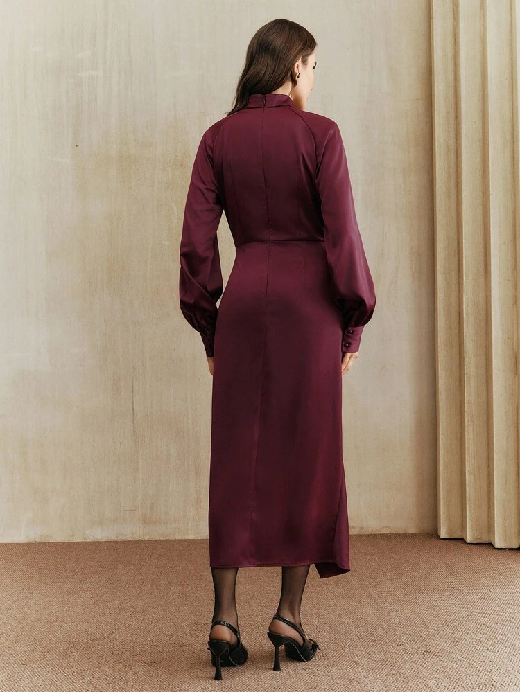 Women's New Elegant Slit Hem Bodycon Office Dress, Burgundy, Suitable For Fall, Winter, Summer, Spring, New Year, Party, Wedding, Elegant, Chic, Stylish, Business Casual