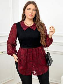 SHEIN Clasi 大码女式撞色网纱拼接优雅长袖上衣 - 紅色 - 查看 3