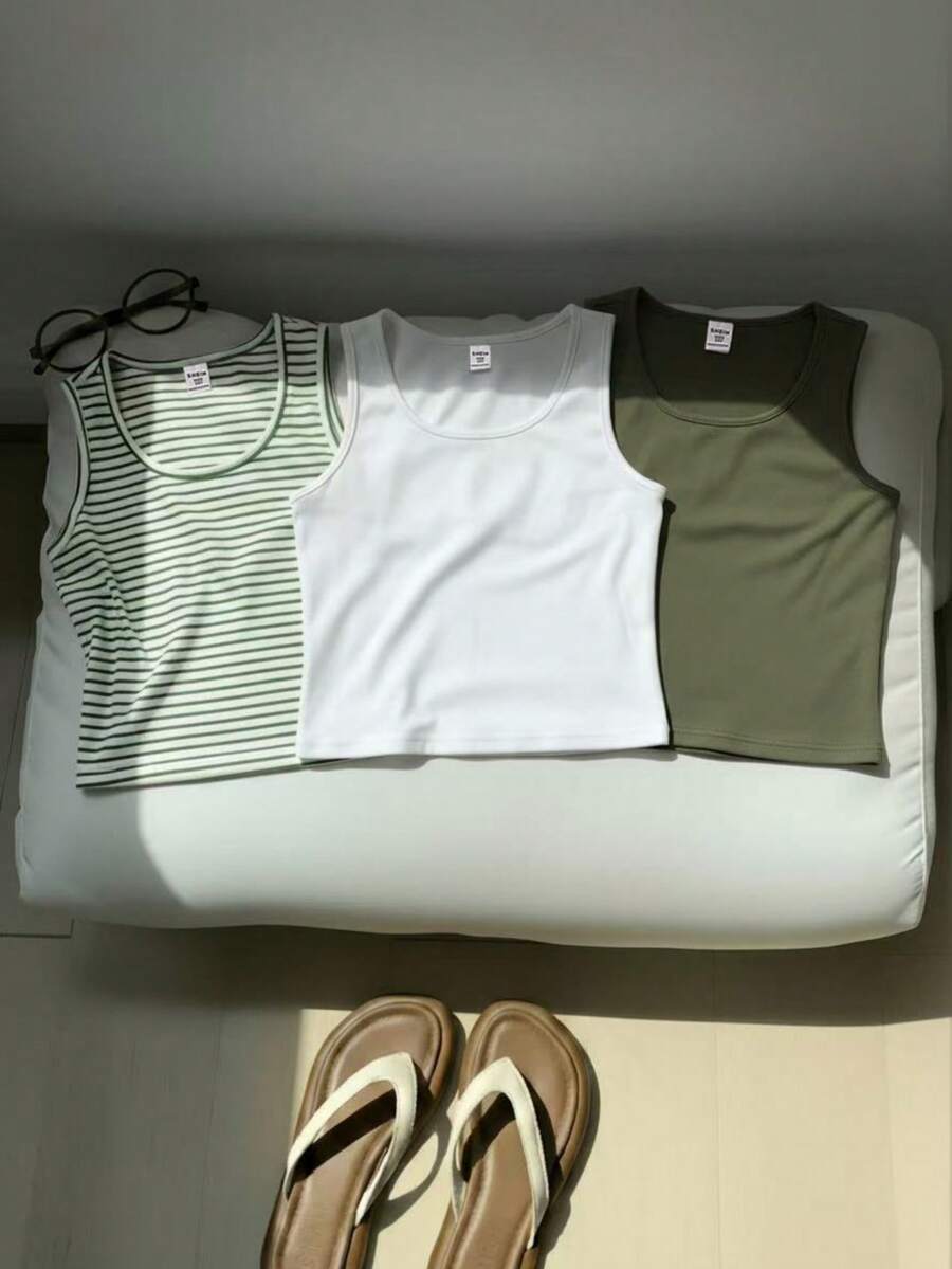 Tween Girls 3st Casual All-Match svart och vit randigt sommarlinne