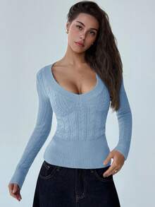 Aloruh Nuevo suéter de cuello en V profundo, de manga larga, ajustado y de punto de cable vintage. Parte superior de punto versátil para mujeres jóvenes en otoño/invierno