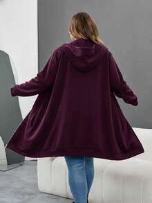 SHEIN CURVE+ Áo nỉ dài tay có mũ trùm đầu màu trơn cỡ lớn có túi khóa kéo dành cho nữ, Quần áo mùa thu cho nữ mùa đông Thu/Đông - Màu tím - Xem 2