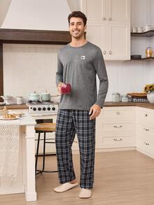 CoupledUp 男士休闲圆领长袖上衣和梭织长裤睡衣套装，秋冬服装 - 深灰色 - 查看 5