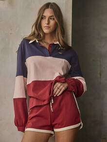 Aralina 撞色长袖 Polo 衫和抽绳高腰短裤两件套休闲家居服 - 彩色 - 查看 6